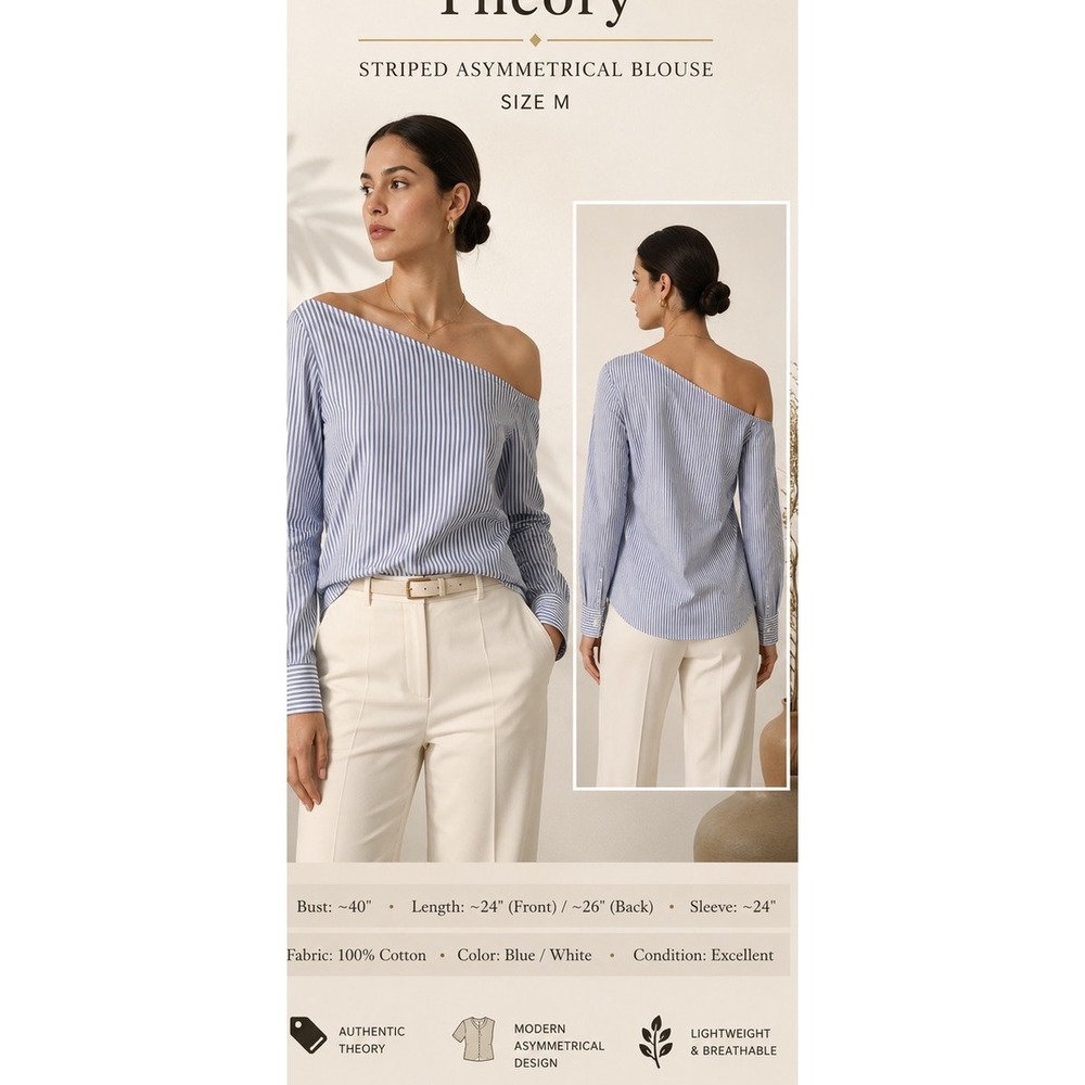 Theory Ulrika Dalton Stripe One Shoulder Blouse Blue White Cotton Womens‎ Size M